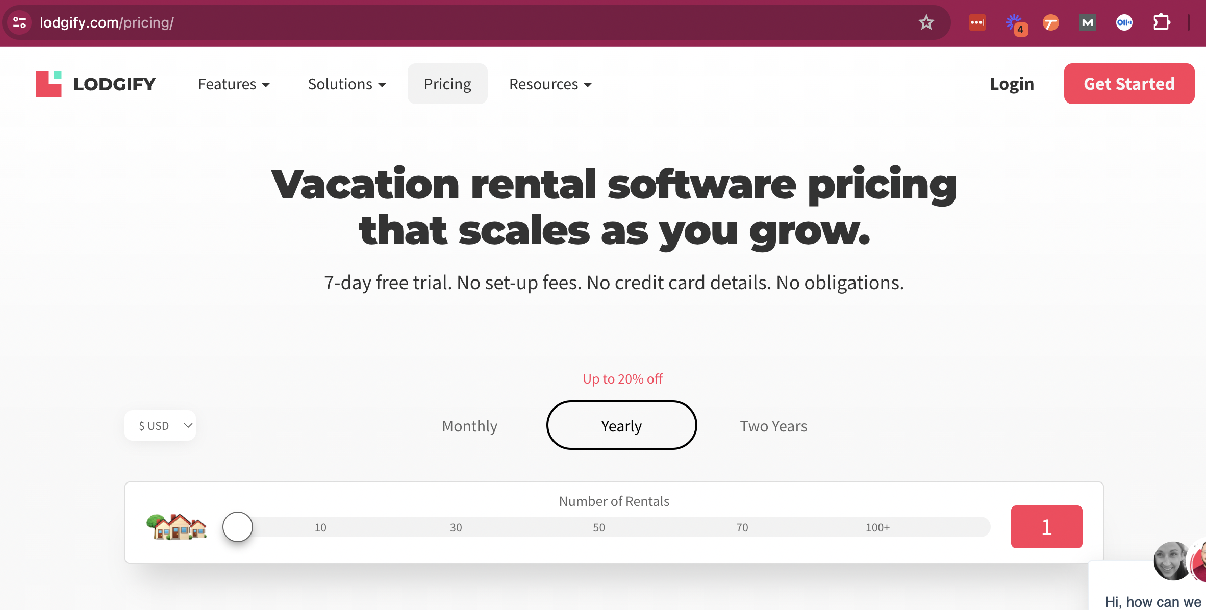 Screenshot of Lodgifies English Pricing Page, to compare against the German pricing page and show the different URL structures. 