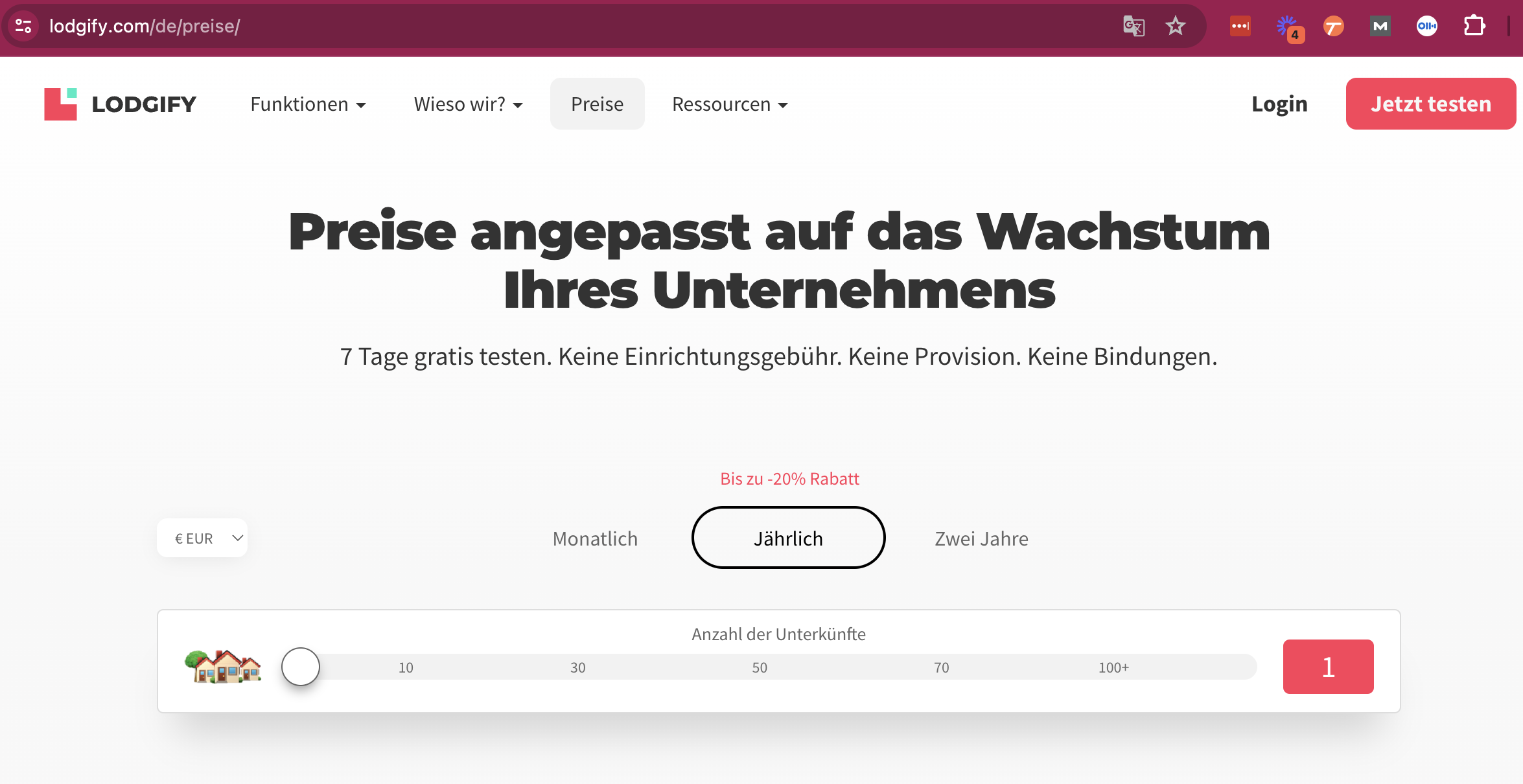 Screenshot of Lodgifies German Pricing Page, to compare against the English pricing page and show the different URL structures and hreflang tags