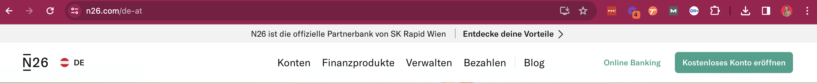 Screenshot of N26 Austrian Homepage to compare against the German one and show of they used hreflang tags to target regionally with the same language.