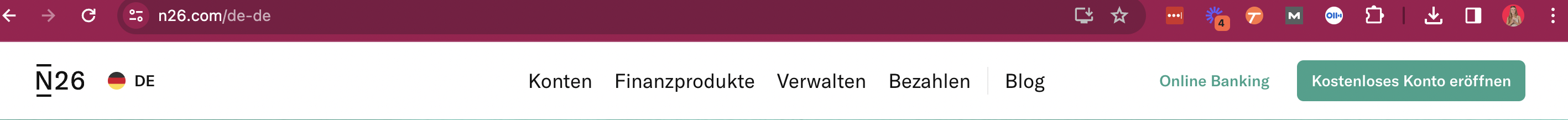 Screenshot of N26 German Homepage to compare against the Austrian one and show of they used hreflang tags to target regionally with the same language.