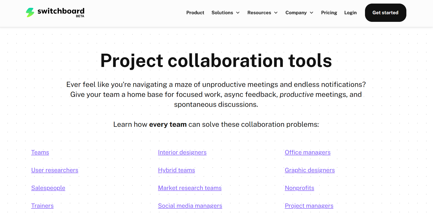 A screenshot of Switchboard’s project collaboration tools hub page