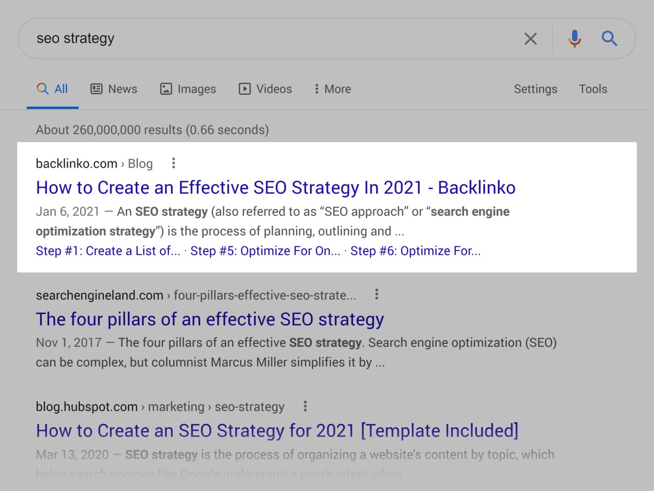 Backlinko's page ranking #1 for keyword "SEO strategy"