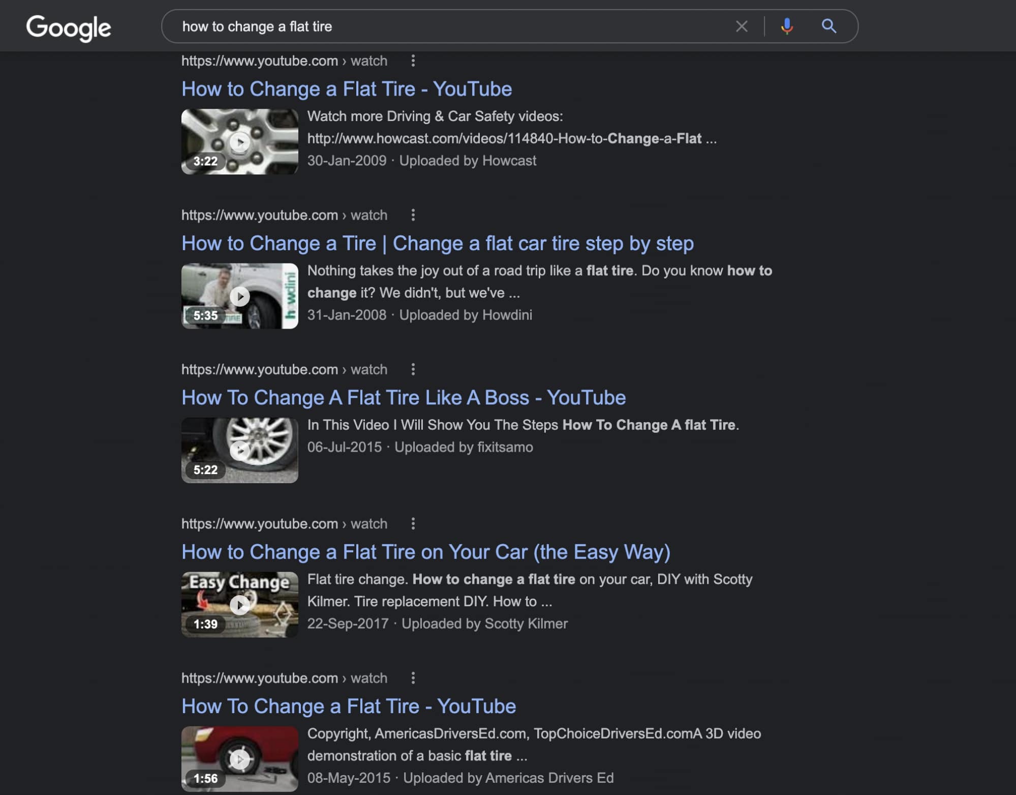 Video based SERP for the keyword "how to change a tire"