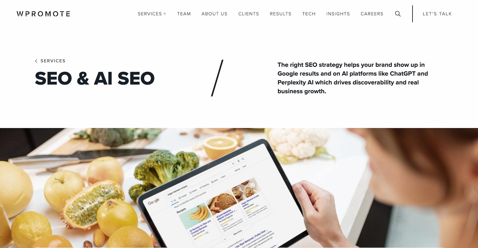 Wpromote “SEO & AI SEO” services page stating the right SEO strategy helps brands appear in Google and AI platforms like ChatGPT and Perplexity, with an image of a tablet showing Google results.
