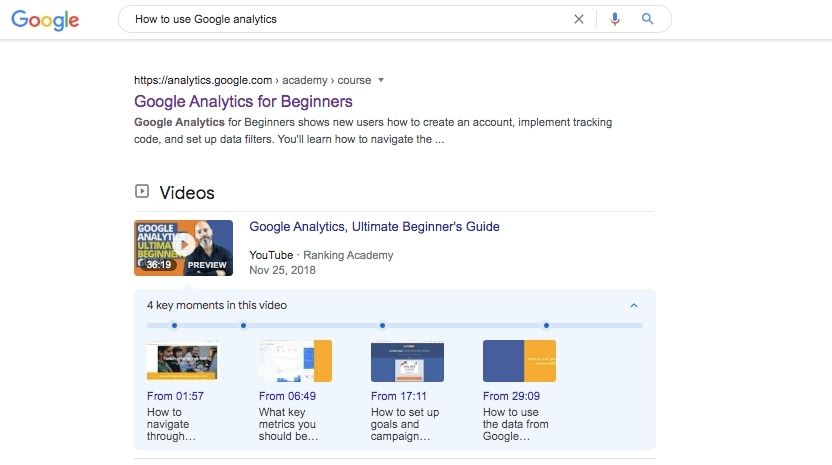 This is a screenshot of the google search results for the search query 'how to use google analytics' with different Youtube video results at the top of the SERPs.