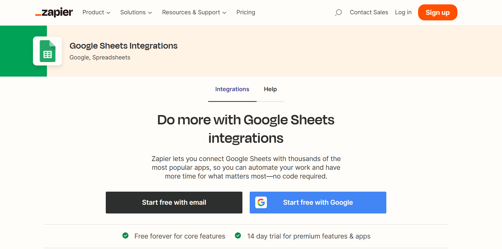 A screenshot of Zapier’s Google Sheets integration page