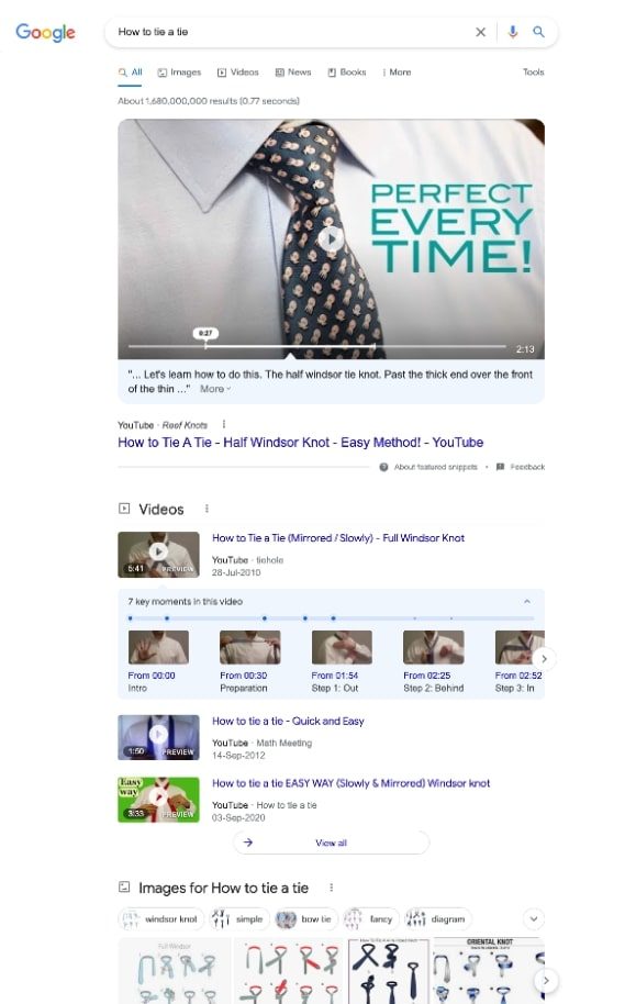 Screenshot of google search results on "how to tie a tie" and the different search intent it has