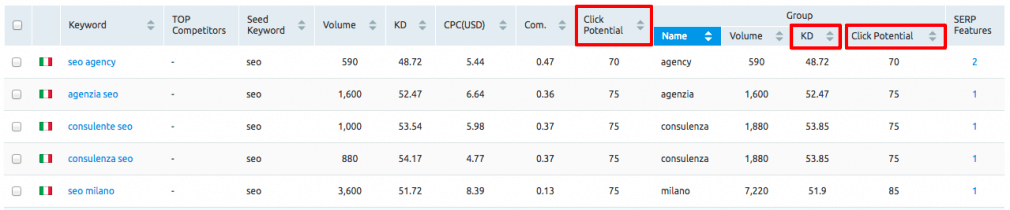 Screenshot of international SEO keyword tool data