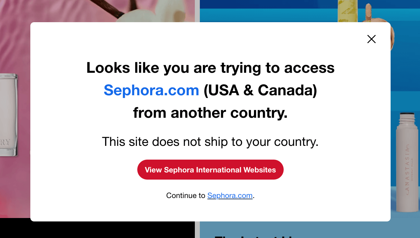 Screenshot of a pop from Sephore offering to redirect users back to their international website.