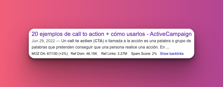 Spanish-language SERP snippet for ActiveCampaign blog about CTAs