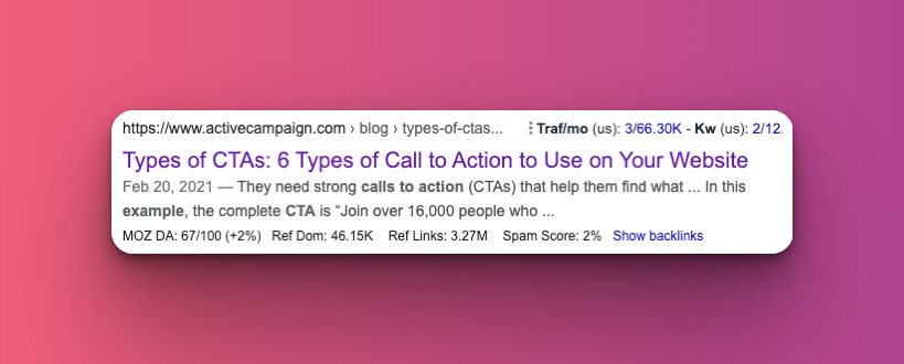 English-language SERP snippet for ActiveCampaign blog about CTAs