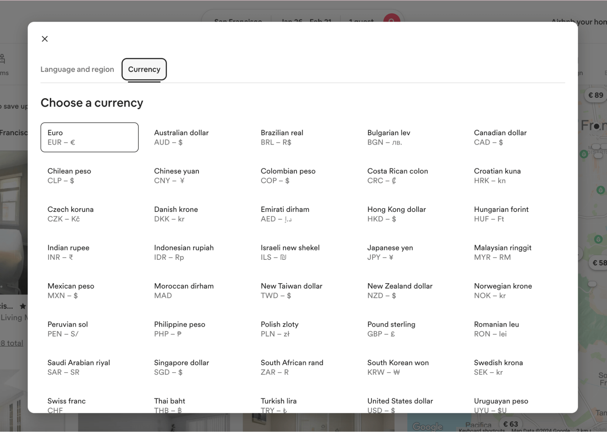 Screenshot of different currencies depending on the region on a website