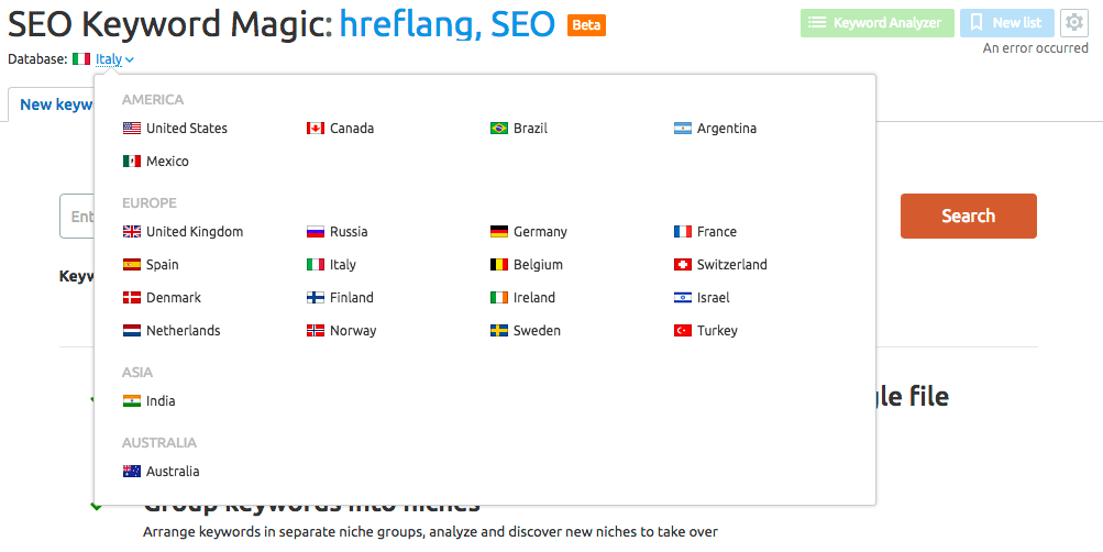 Screenshot of international SEO keyword tool showing country options