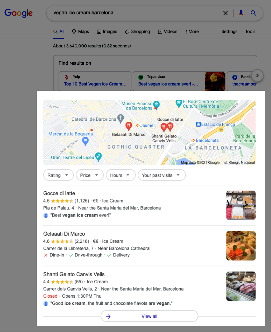 Search engine results page (SERPs) local pack