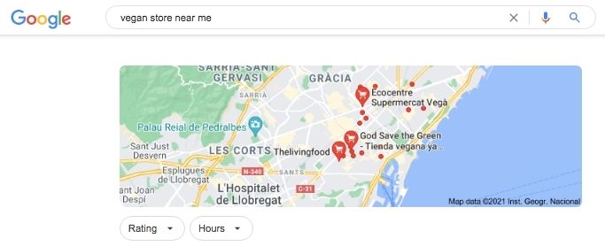 This is a screenshot of the local pack as a search result for the search term 'vegan store near me'